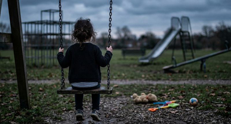 Menina de costas sentada sozinha em balanço de parque vazio ao entardecer, representando a solidão emocional da infância que origina a ferida de abandono.