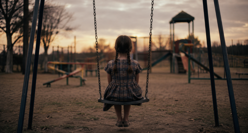 Menina de tranças e vestido xadrez de costas em balanço de parque deserto ao entardecer, representando a experiência de solidão emocional na infância que dá origem à ferida de abandono.