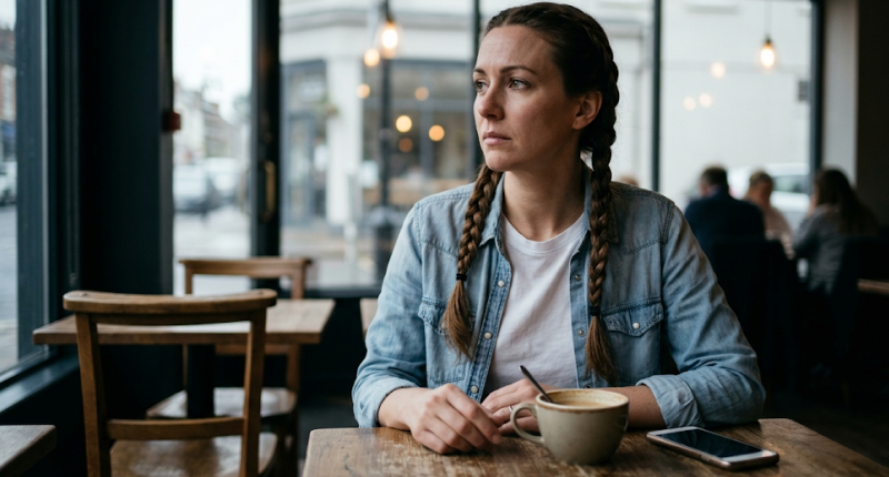 Mulher em café com celular virado para baixo na mesa e olhar desviado para o lado, representando o padrão de espera ansiosa e hiperdependência que a ferida de abandono cria nos relacionamentos adultos.