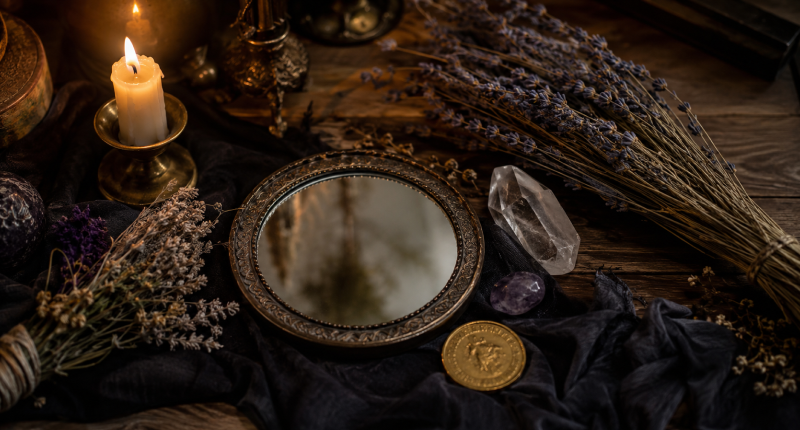 Conjunto de elementos simbólicos da magia simpática sobre mesa com pano escuro: espelho, vela, ervas, cristal e moeda dourada com luz quente lateral, representando as correspondências simbólicas das simpatias ancestrais.