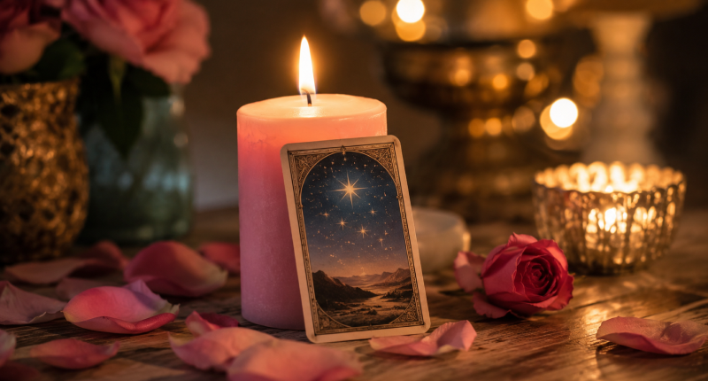 Carta da Estrela do baralho Lenormand com vela rosa acesa e pétalas ao redor, representando o sinal espiritual de que o universo está preparando um novo amor.