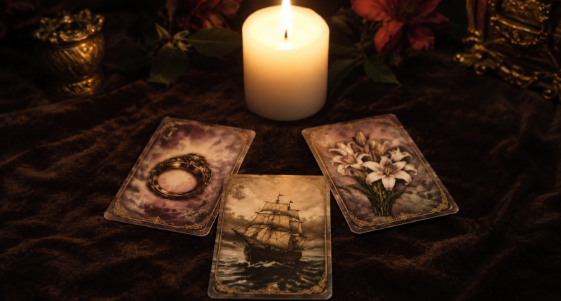 Três cartas do baralho Lenormand dispostas em triângulo sobre veludo escuro com vela branca ao fundo, representando a leitura das três energias em um triângulo amoroso.
