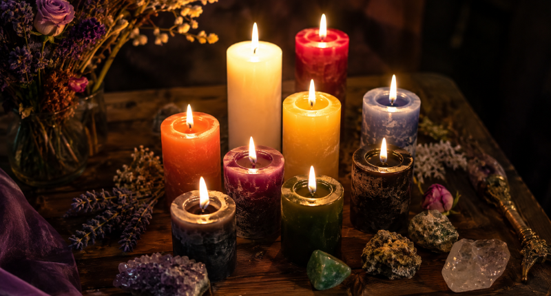 Velas coloridas acesas sobre altar de madeira com cristais e flores ao redor, representando os diferentes significados espirituais de cada cor na tradição ancestral.