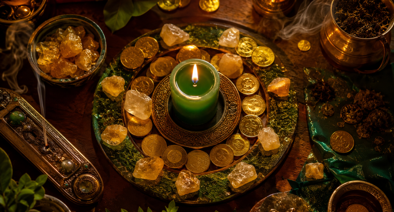 Mesa de ritual com vela verde acesa, cristal citrino, moedas douradas e incenso ao redor, representando os elementos para ativar o campo de prosperidade com a sabedoria ancestral.