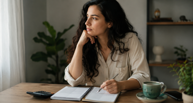 Mulher com caneta na mão e caderno aberto sobre mesa com olhar perdido e expressão paralisada, representando a autossabotagem financeira que paralisa mulheres intuitivas antes de cobrar ou se posicionar.