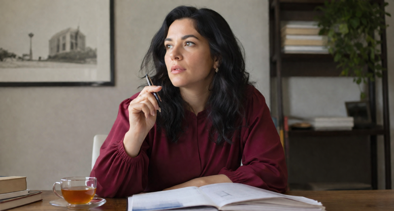 Mulher de blusa vinho com caneta parada sobre caderno financeiro aberto e olhar perdido para o lado, representando o momento em que o medo de cobrar e o processamento antecipado de julgamentos congelam a ação financeira.