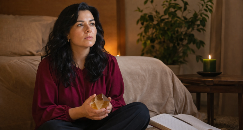 Mulher sentada no chão segurando citrino no colo com caderno de anotações e vela verde acesa ao lado, representando o trabalho interno honesto com os padrões que sabotam a prosperidade de mulheres intuitivas.