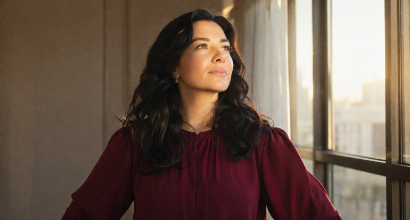 Mulher de blusa vinho de pé com postura expansiva e sorriso confiante diante de janela com luz dourada, representando a transformação que acontece quando a mulher intuitiva reconhece seus padrões e toma posse do seu valor e da sua prosperidade.