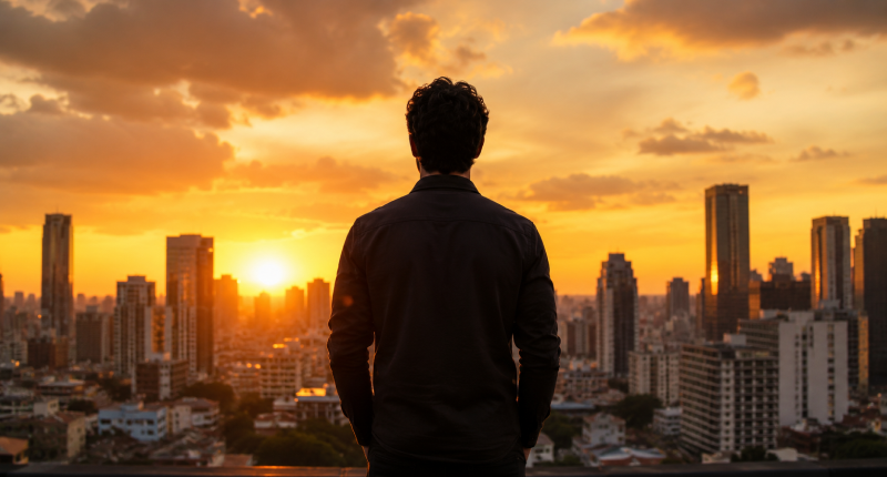 Pessoa observando horizonte urbano representando autoconfiança diante de pressões profissionais