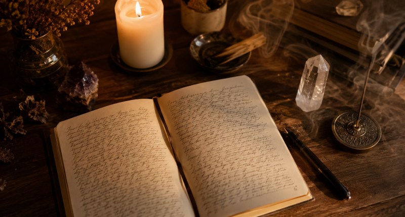 Caderno aberto com escrita à mão, vela branca, cristal de quartzo e incenso sobre mesa de madeira, representando o ritual de escrita libertadora aliada à espiritualidade para cura emocional.