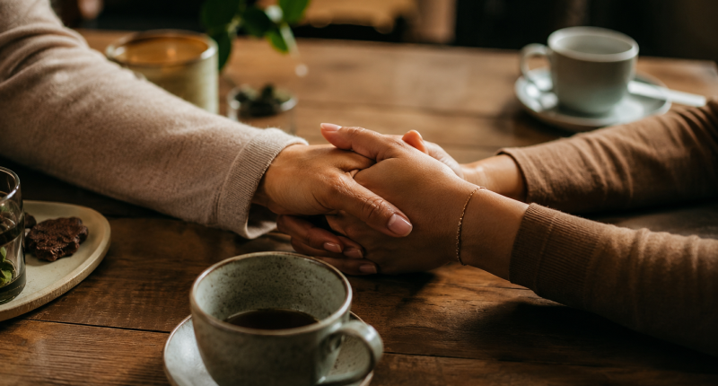 Duas mãos se segurando sobre mesa de café com xícaras ao redor, representando o suporte genuíno que chega quando se tem a coragem espiritual de pedir ajuda.