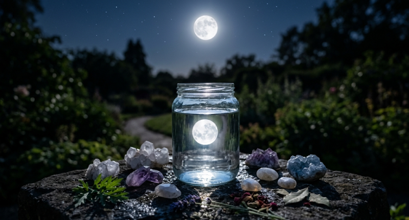 Recipiente de vidro com água clara e lua cheia refletida na superfície, cristais ao redor em noite estrelada, representando a preparação da água lunar como ferramenta espiritual poderosa.