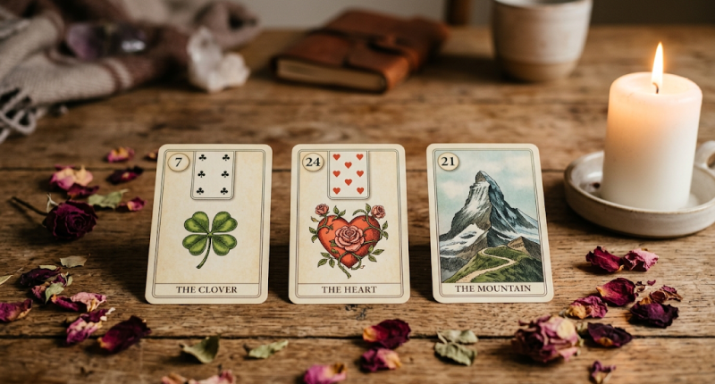 Três cartas do baralho Lenormand sobre mesa de madeira com vela branca e pétalas secas, representando a leitura que ilumina o campo energético de um amor não correspondido.