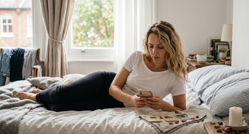 Mulher de camiseta branca deitada na cama olhando para o celular com expressão exausta e introspectiva, representando a dor silenciosa e cotidiana de amar alguém que não corresponde da mesma forma.