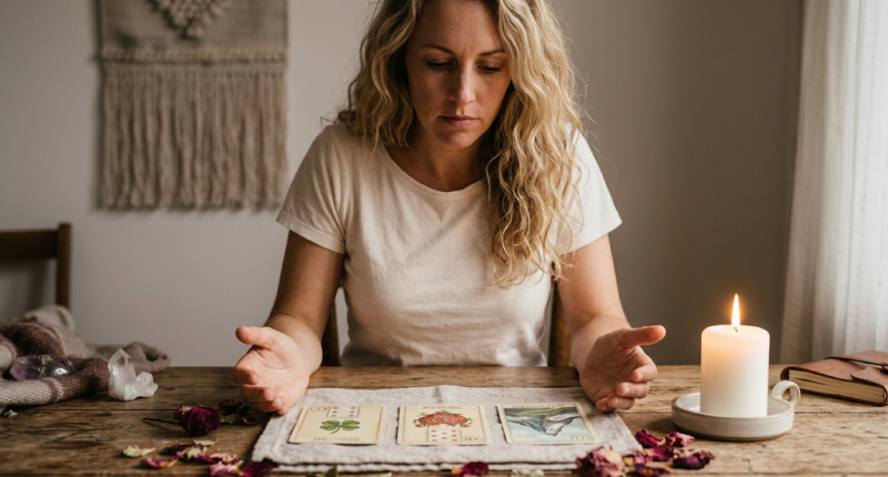 Mulher com expressão séria e atenta diante de três cartas do baralho Lenormand e vela branca acesa, representando a disposição de ouvir a verdade sobre um amor não correspondido através da leitura das cartas.