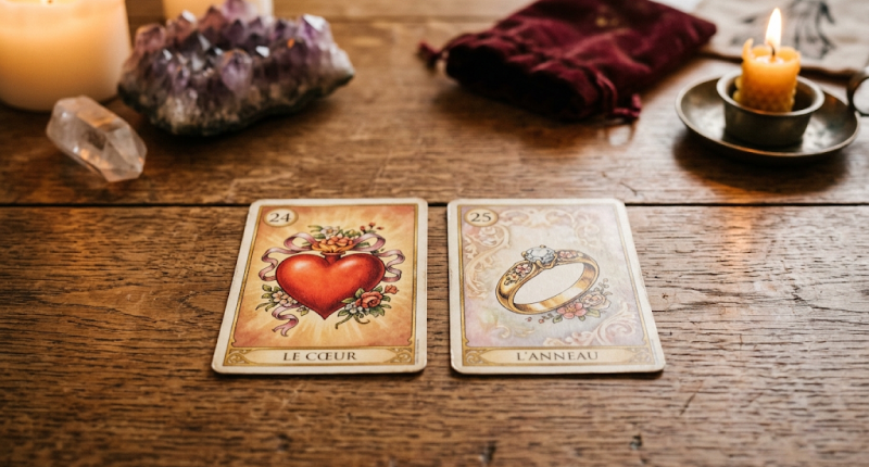 Duas cartas do baralho Lenormand sobre mesa de madeira com cristal ao fundo, representando a leitura que avalia a compatibilidade energética e o potencial real de futuro de um relacionamento.