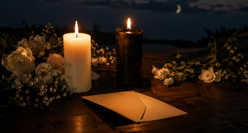 Vela branca e vela preta acesas lado a lado com flores brancas e papel dobrado sobre mesa escura, representando os elementos do ritual de lua minguante para fechar energias negativas no campo amoroso.