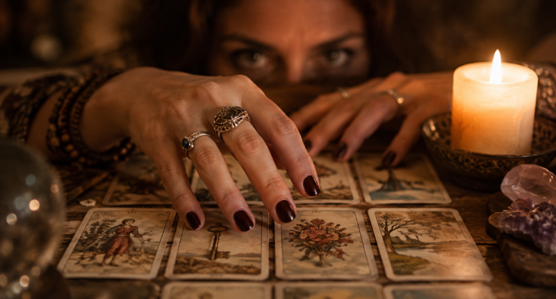 Mãos de mulher passando sobre cartas do baralho Lenormand com vela acesa ao lado, representando a mediunidade que encontra nas ferramentas espirituais uma expressão natural do dom de perceber além do visível.