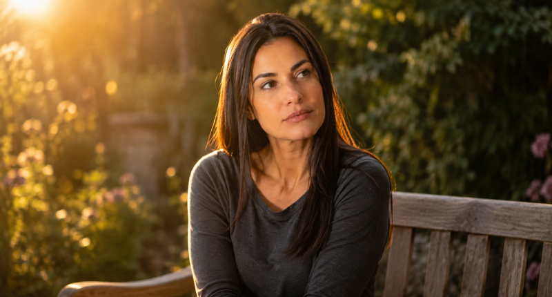 Mulher sentada em banco de jardim com luz dourada do entardecer olhando para o lado com expressão de percepção sutil, representando a capacidade mediúnica de captar presenças e informações além da percepção sensorial comum.