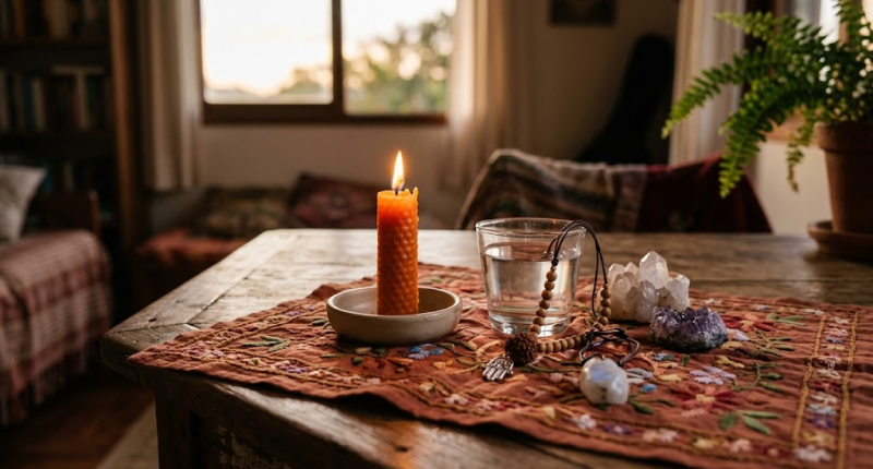 Altar com vela laranja, cristal, colar e copo de água, representando o ritual para consagrar um objeto de proteção pessoal.