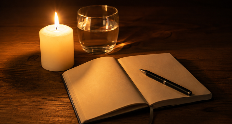 Vela branca acesa com copo de água e caderno aberto sobre piso de madeira, representando os elementos simples do ritual para fortalecer a conexão com a intuição.