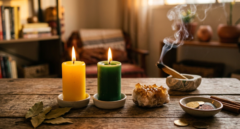 Velas amarela e verde acesas ao lado de cristal de citrino e incenso, representando o ritual para abrir uma nova fonte de renda.