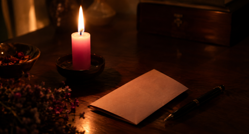 Vela rosa acesa ao lado de papel dobrado e caneta, representando o ritual para soltar expectativas no amor.