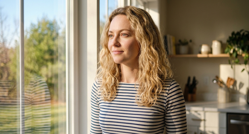 Mulher em pé perto da janela com expressao serena e presente, representando a clareza depois de reconhecer os sinais de idealização na relação.
