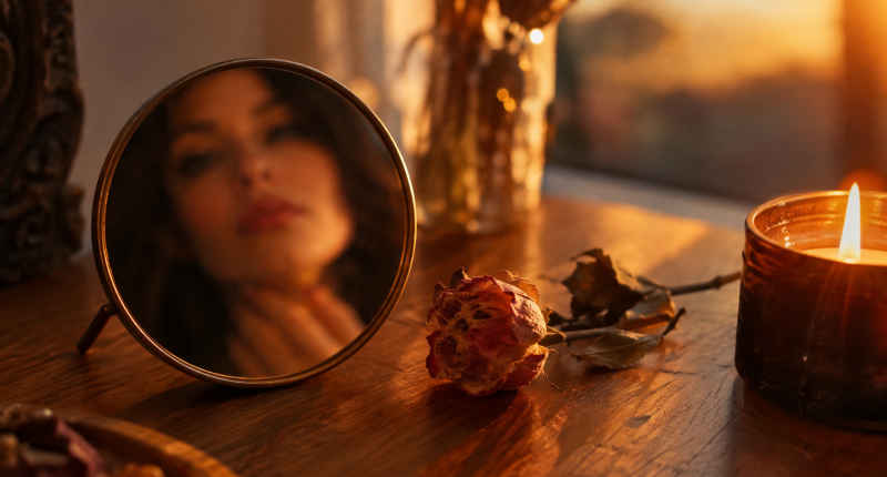 Espelho refletindo o rosto de uma mulher ao lado de flor seca e vela acesa, representando os sinais de que você está se abandonando por amor.