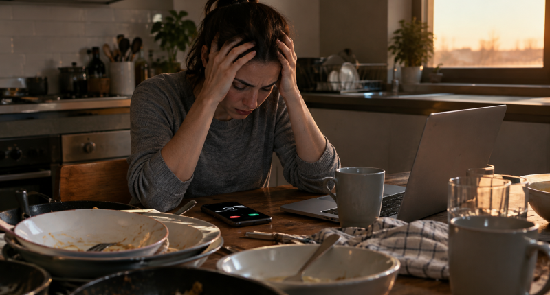 6 sinais de sobrecarga emocional que pedem atenção 1 Mulher exausta cercada de tarefas domésticas e de trabalho ao mesmo tempo, representando os sinais de sobrecarga emocional.