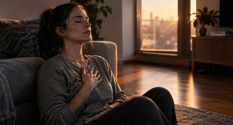 6 sinais de sobrecarga emocional que pedem atenção 2 Mulher fazendo uma pausa consciente com a mão sobre o peito, representando o primeiro passo para aliviar a sobrecarga emocional.