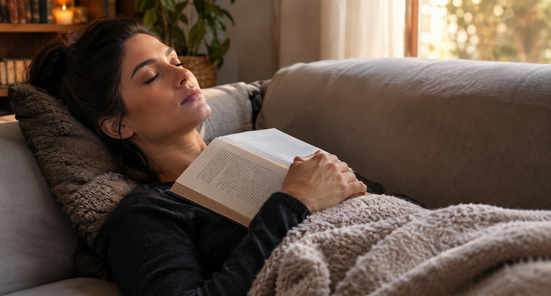 6 sinais de sobrecarga emocional que pedem atenção 3 Mulher descansando de verdade no sofá com expressao tranquila, representando o alivio depois de reconhecer os sinais de sobrecarga emocional.